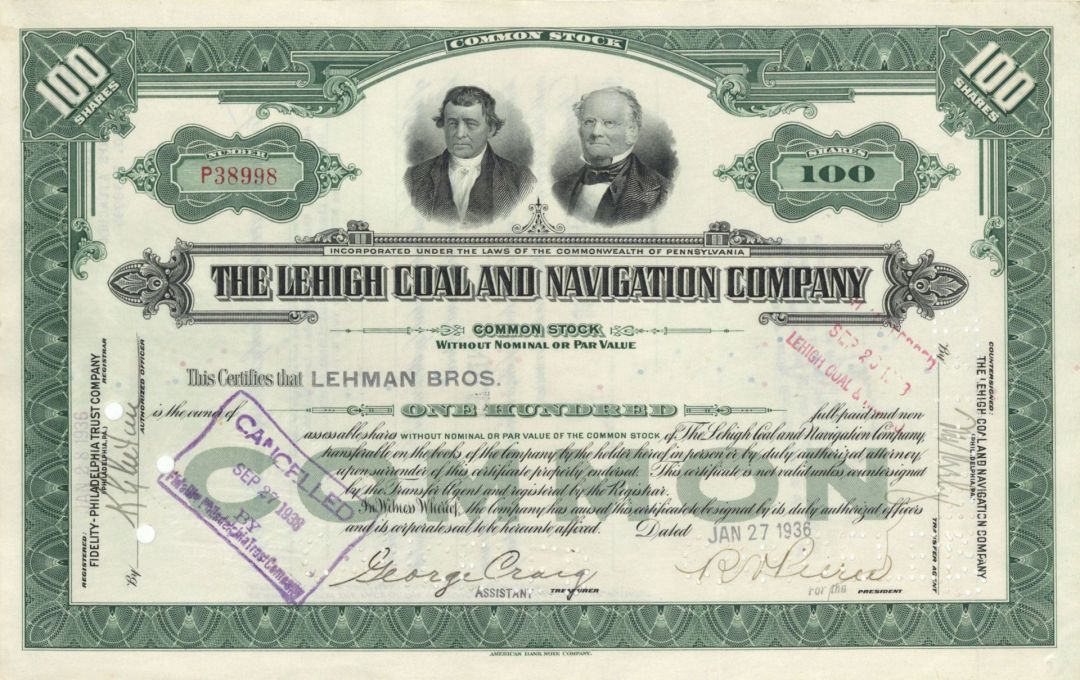 Lehigh Coal and Navigation Co. - 1936-55 Issued to Lehman Bros. Stock Certificate