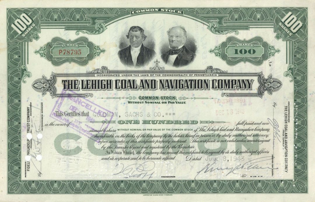 Lehigh Coal and Navigation Co. - 1943-57 Issued to Goldman, Sachs and Co. Stock Certificate