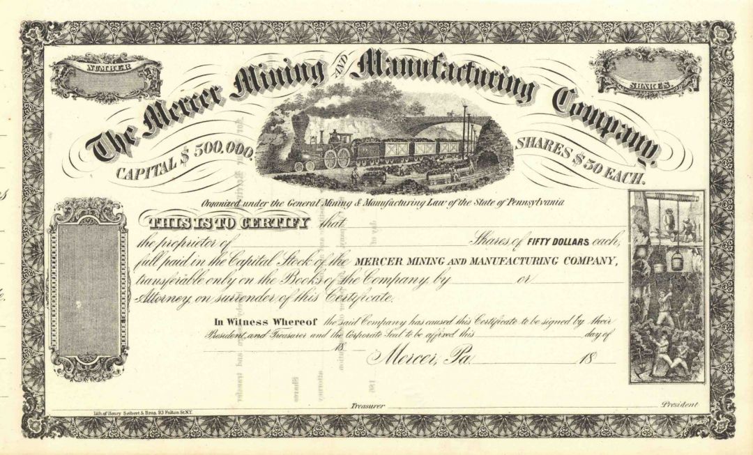 Mercer Mining & Manufacturing Co. - Unissued Pennsylvania Mining Stock Certificate