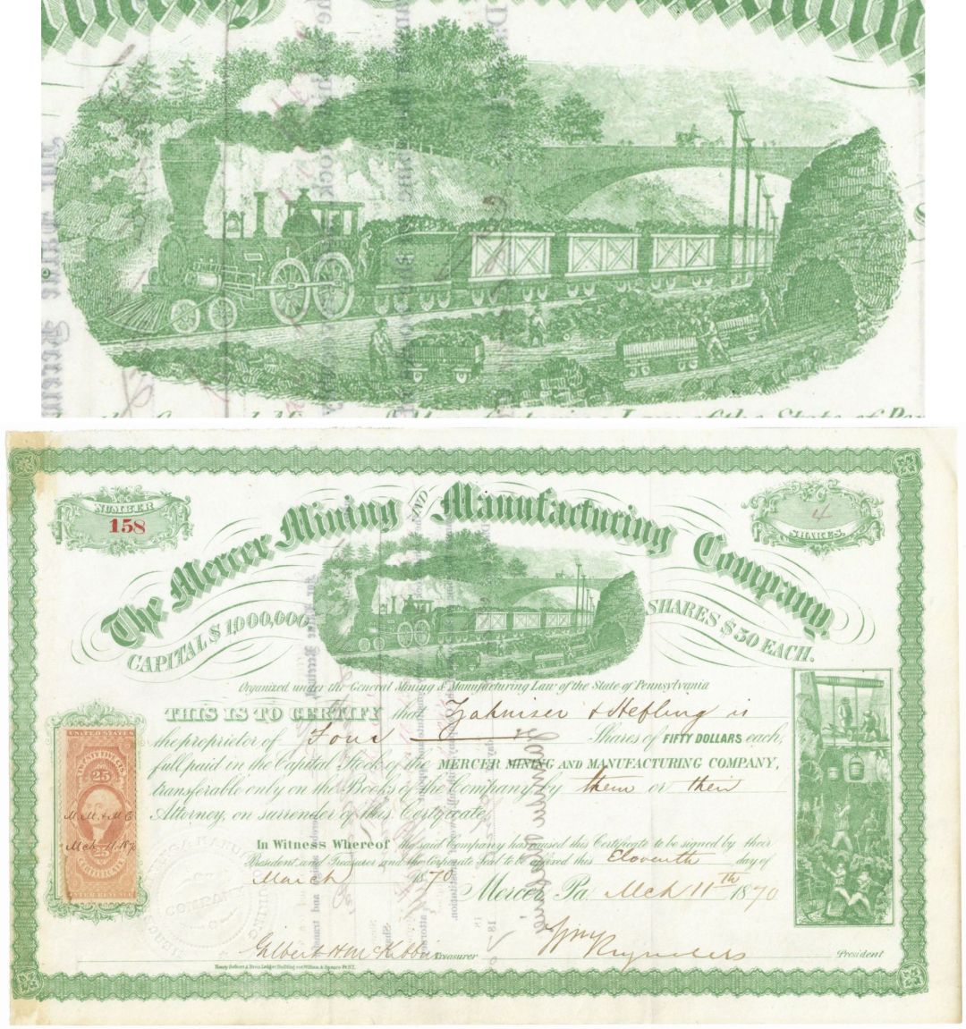 Mercer Mining and Manufacturing Co. - 1860's-70's dated Pennsylvania Mining Stock Certificate