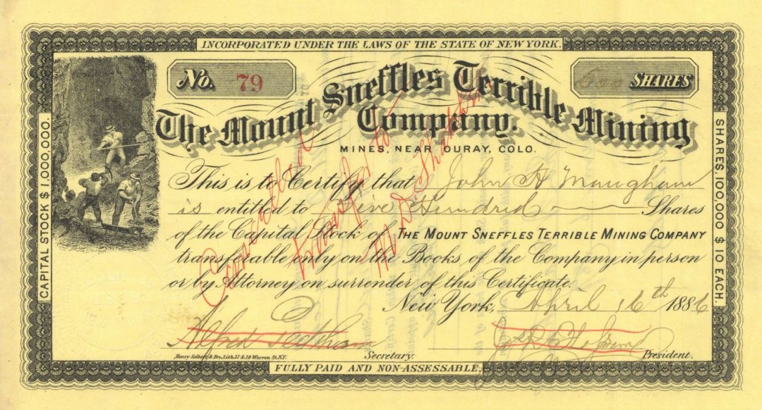 Mount Sneffles Terrible Mining Co. - 1884-86 dated Colorado Mining Stock Certificate - Mount Sneffels in the Rocky Mountains - Awesome Title