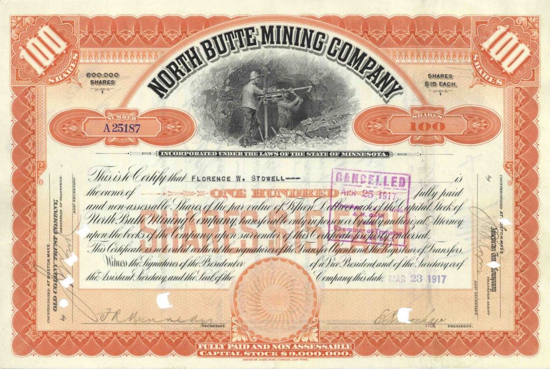 North Butte Mining - 1910-20's dated Montana Mining Stock Certificate