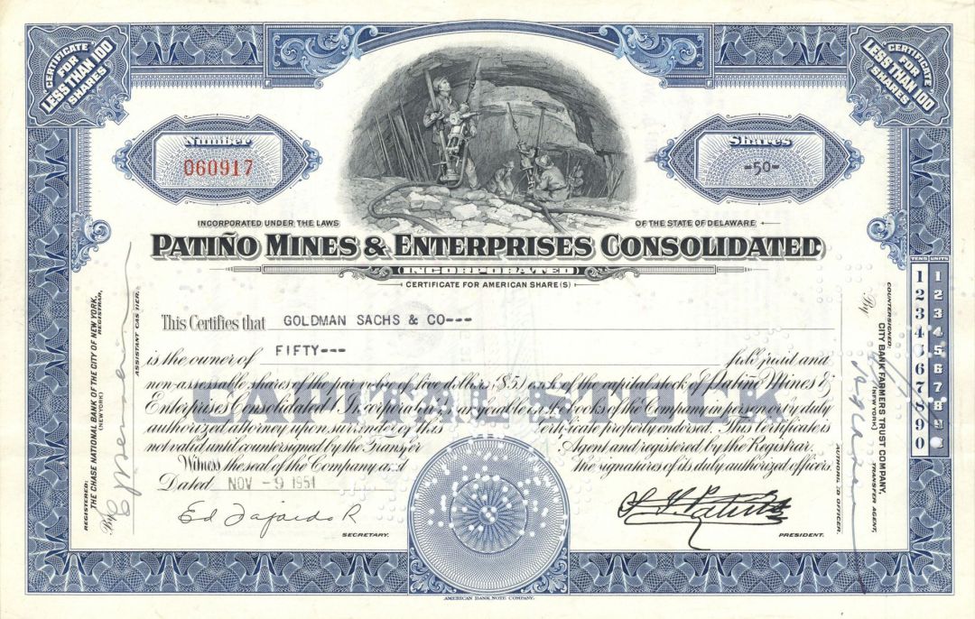 Patino Mines and Enterprises Consolidated Inc. - dated 1950's Famous Tin Mining Stock Certificate