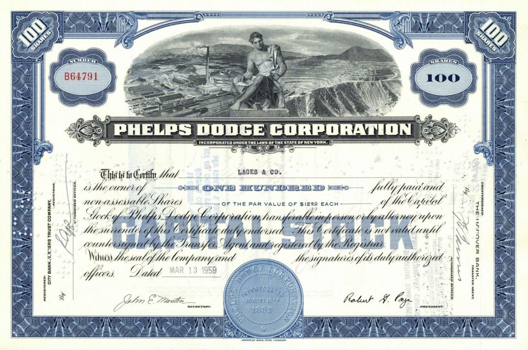 Phelps Dodge Corp. - dated 1950's-60's Famous Arizona Mining Stock Certificate