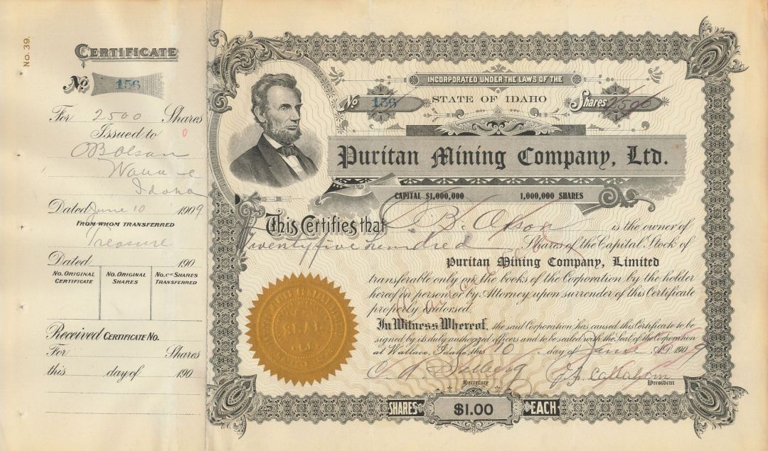 Puritan Mining Company, Ltd .- 1906-15 dated South Dakota and Idaho Mining Stock Certificate