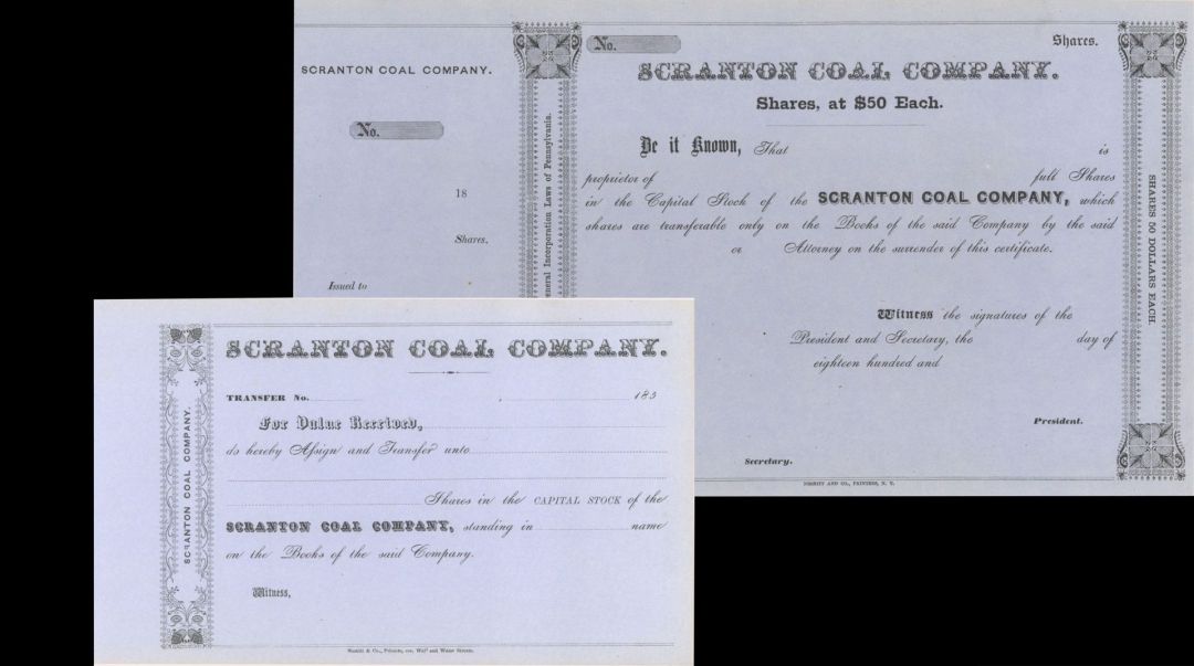Scranton Coal Co. - Pair of Unissued Mining Stock Certificates