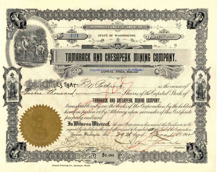 Tamarack and Chesapeak Mining Co. - Mining Stock Certificate