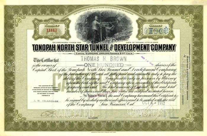 Tonopah North Star Tunnel and Development Co. - Mining Stock Certificate