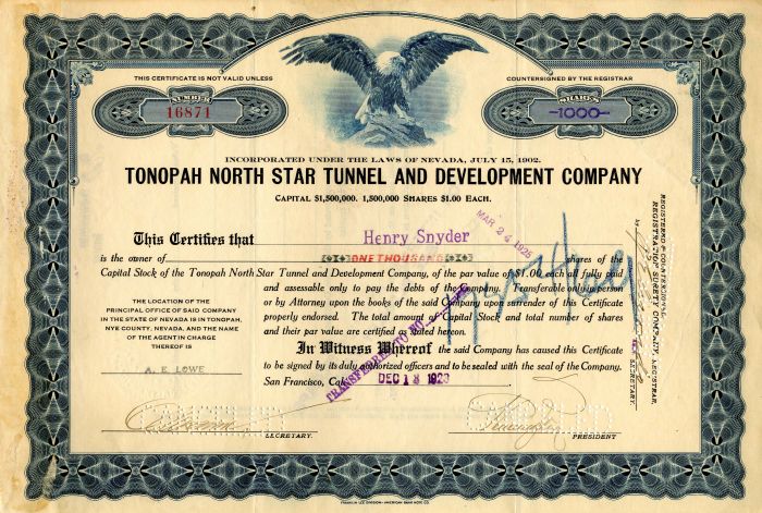 Tonopah North Star Tunnel and Development Co. - Stock Certificate