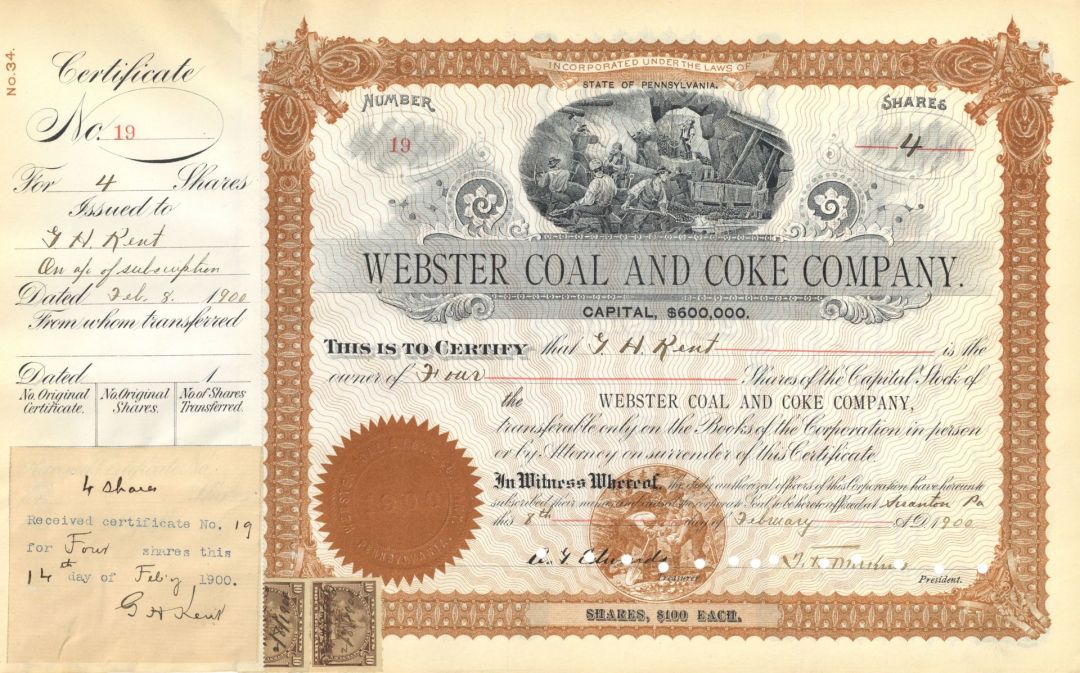 Webster Coal and Coke Co. - 1900-1946 dated Pennsylvania Mining Stock Certificate