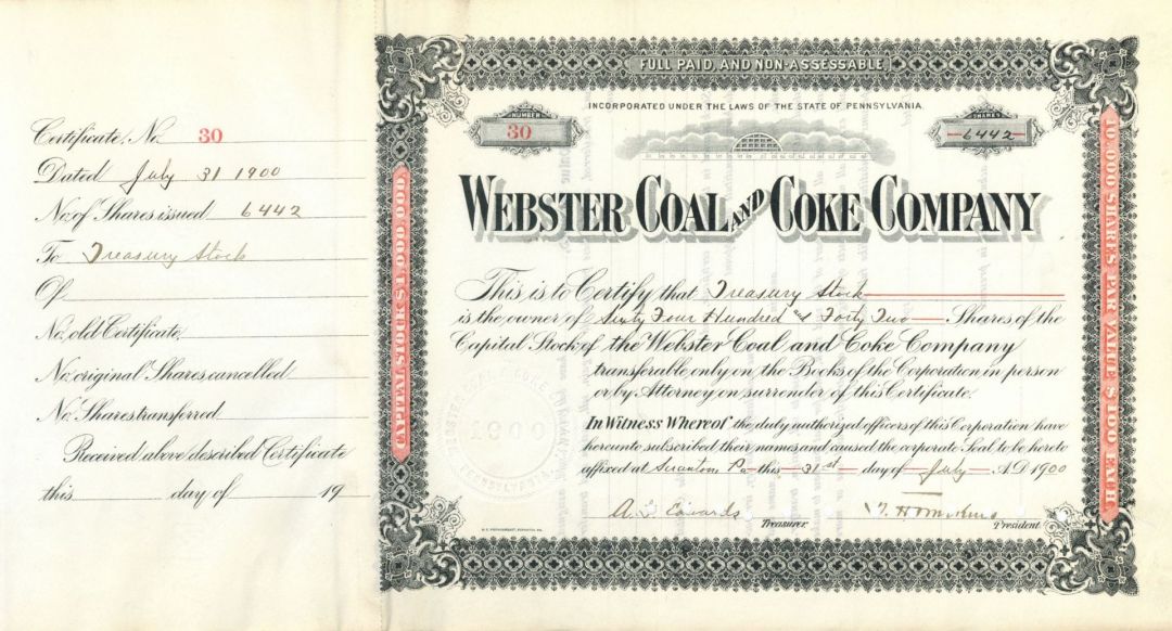 Webster Coal and Coke Co. High Denomination- Stock Certificate