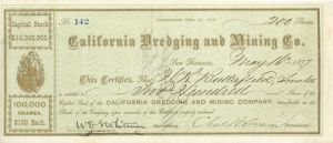 California Dredging and Mining Co. - 1877 or 1879 dated Stock Certificate (Uncanceled)