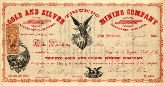 Triunfo Gold and Silver Mining Co. - 1863 dated California Mining Stock Certificate