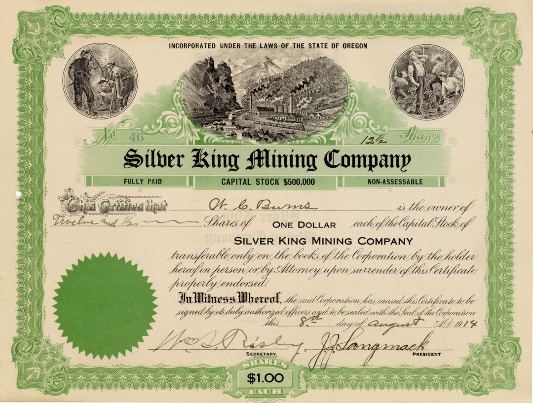 Silver King Mining Co - Oregon Mining Stock Certificate (Uncanceled)