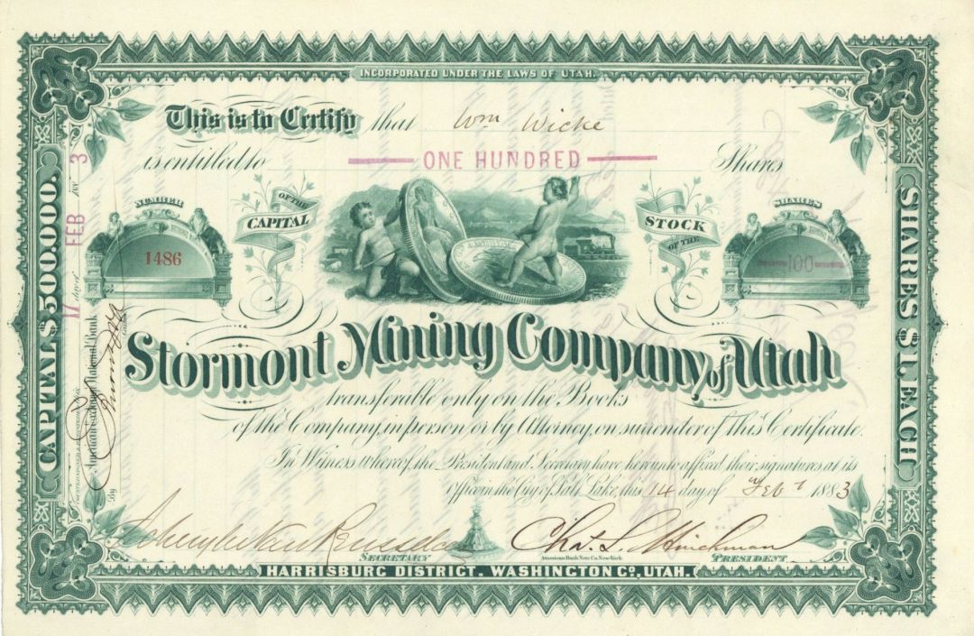 Stormont Mining Co. of Utah - 1882-1886 dated Stock Certificate (Uncanceled)