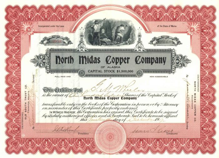 North Midas Copper Co. of Alaska - Mining Stock Certificate (Uncanceled)