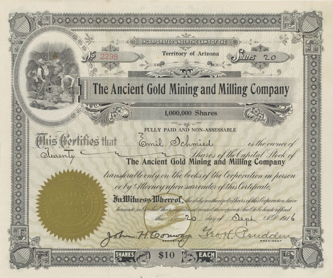 Ancient Gold Mining and Milling Co. - 1910-1916 dated Arizona Mining Stock Certificate (Uncanceled)