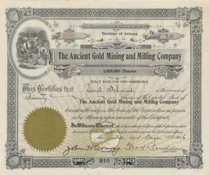 Ancient Gold Mining and Milling Co. - 1910-1916 dated Arizona Mining Stock Certificate (Uncanceled)