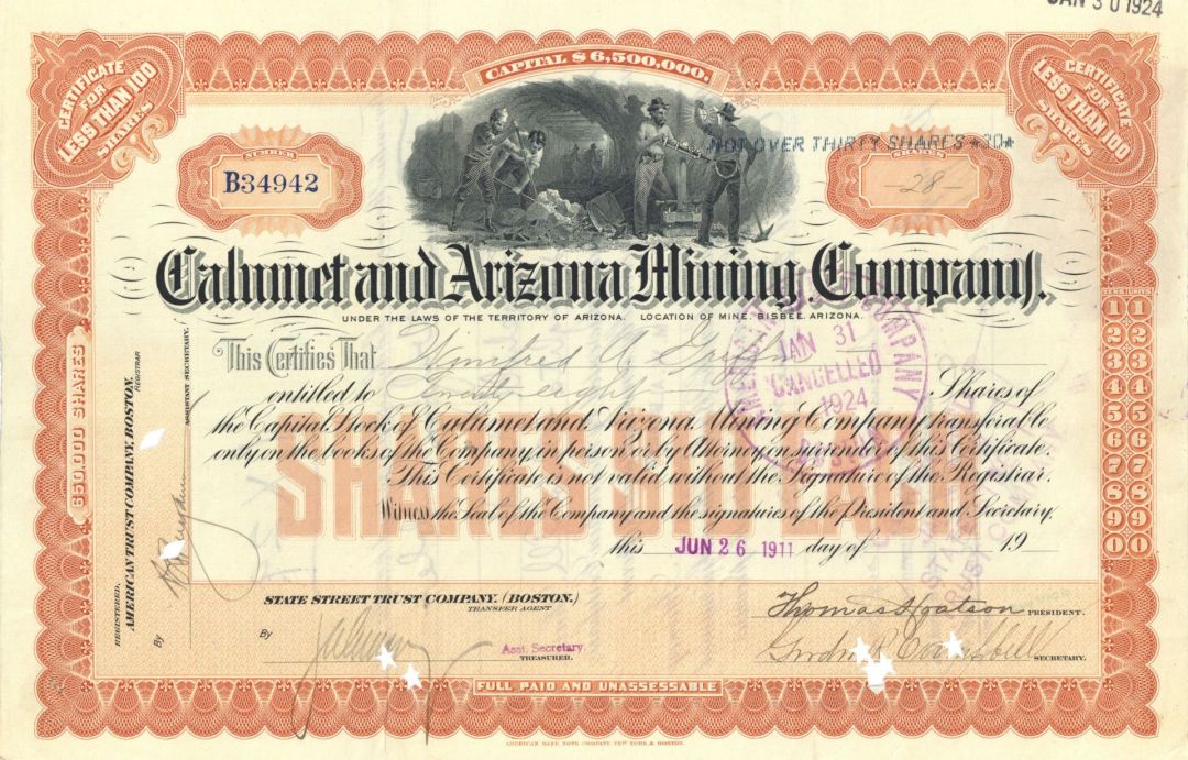 Calumet and Arizona Mining Co. - 1906-1921 dated Arizona Mining Stock Certificate - Mine in Bisbee, Arizona