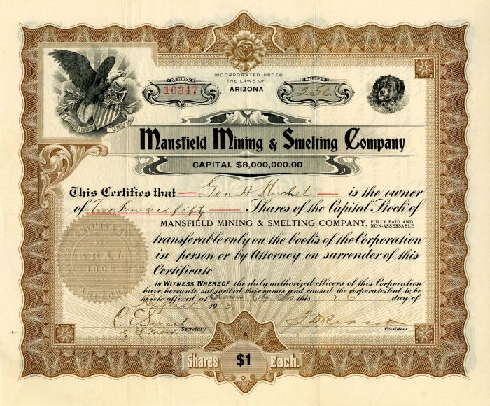 Mansfield Mining and Smelting Co. - Stock Certificate (Uncanceled)