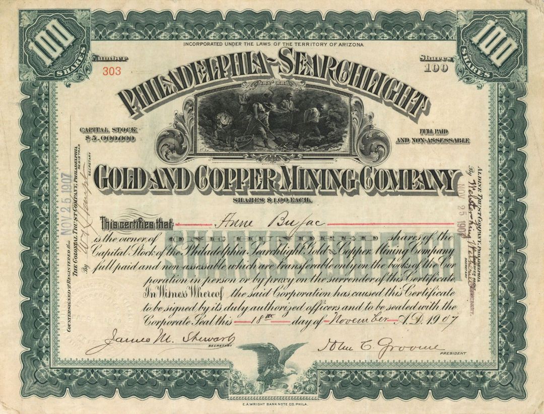 Philadelphia-Searchlight Gold and Copper Mining Co. - Stock Certificate