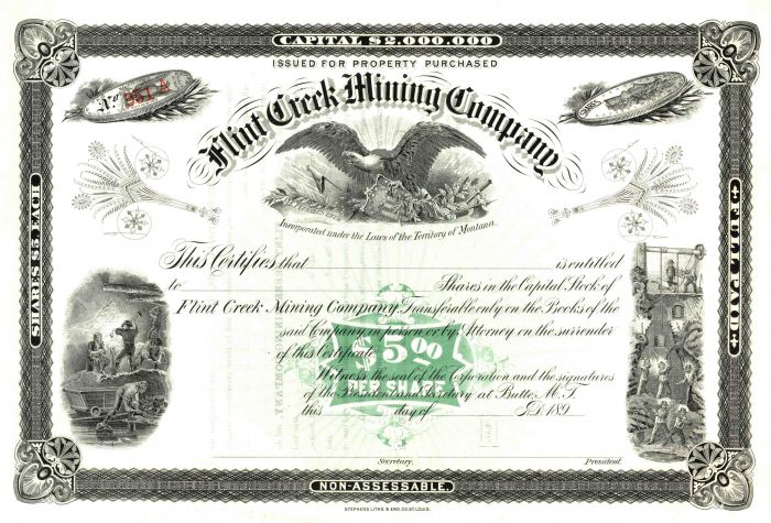 Flint Creek Mining Co. - Coin Vignettes - Unissued Montana Stock Certificate