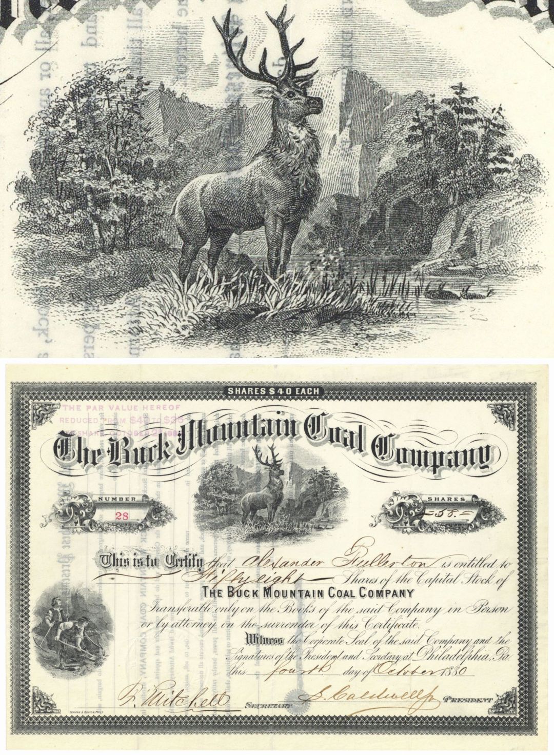 Buck Mountain Coal Co. - 1880 dated Pennsylvania Mining Stock Certificate