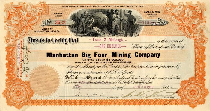 Manhattan Big Four Mining Co. - Stock Certificate