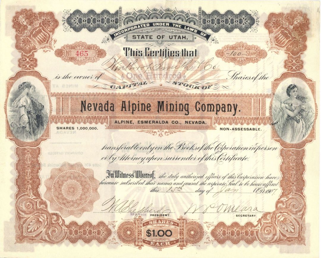 Nevada Alpine Mining Co. - 1907 dated Utah & Nevada Mining Stock Certificate - Mines in Alpine, Esmeralda County, Nevada