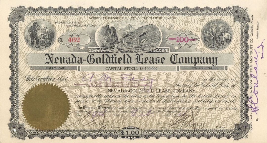 Nevada-Goldfield Lease Co.   - 1908 Stock Certificate