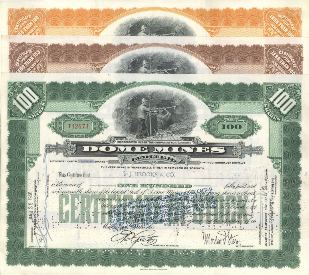 Dome Mines Set of 3 - 1940's-50's dated Canadian Mining Stock Certificates - Three Different Color Stocks