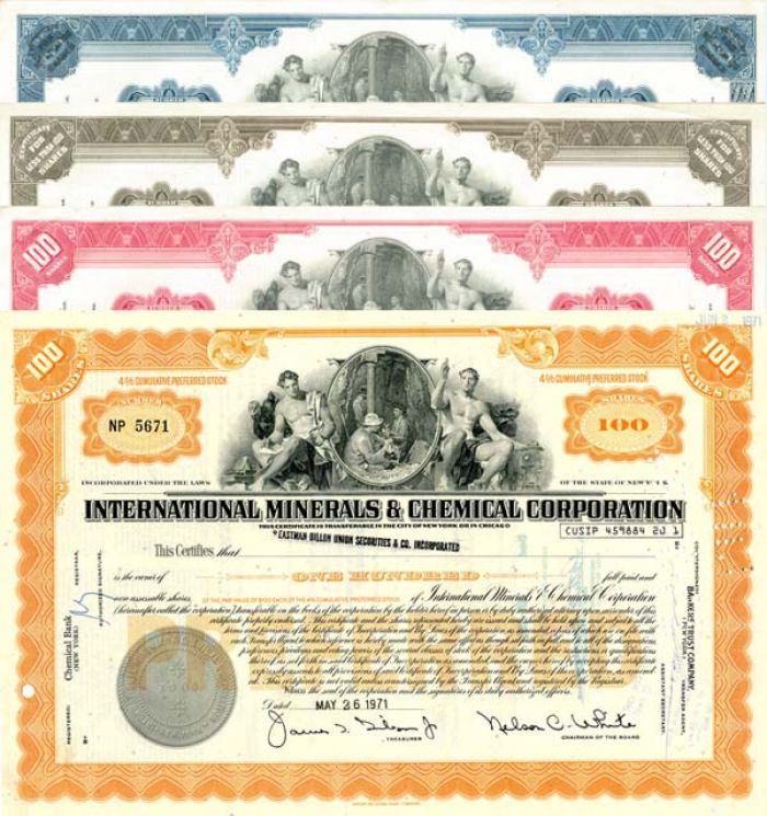 Set of 4 International Minerals and Chemical Corporation - Stock Certificate
