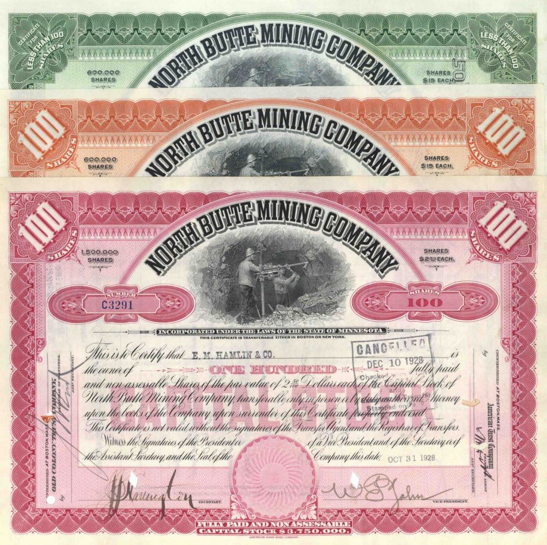 Set of 3 Stocks of the North Butte Mining Co. - 1900's-30's dated Three Montana Mining Stock Certificates