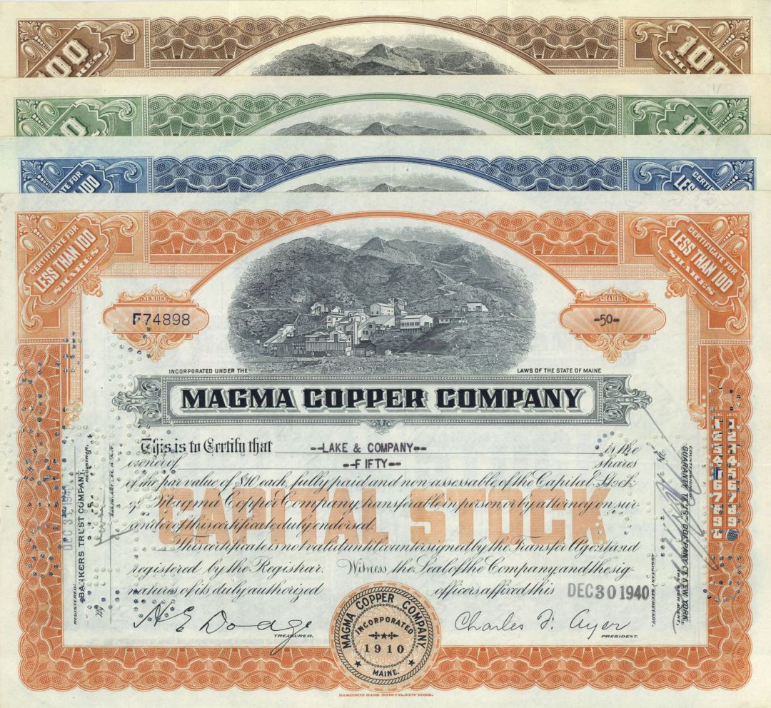 Four Magma Copper Co. Stocks - 1920's-40's dated Attractive Arizona Collection of 4 Mining Stock Certificates - Different Colors