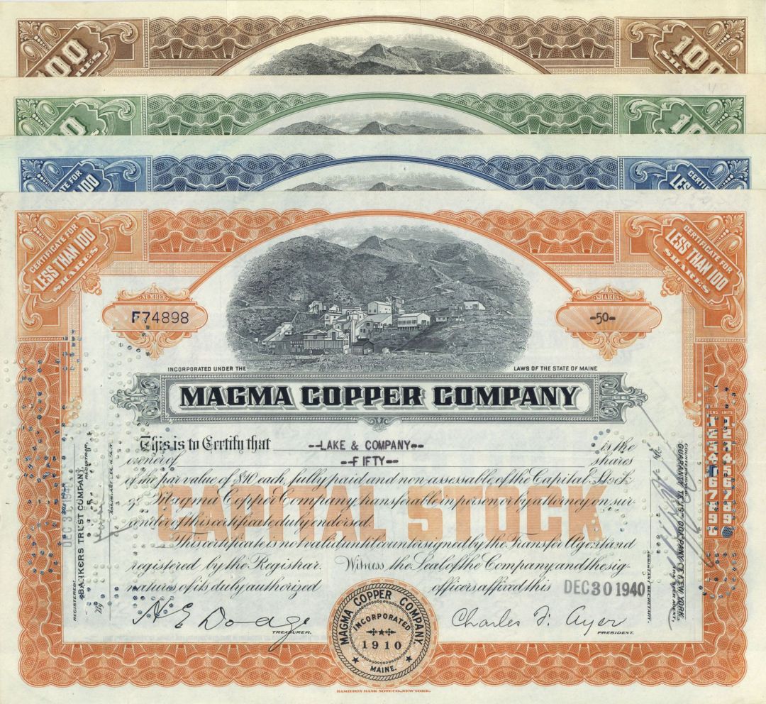 Four Magma Copper Co. Stocks - 1920's-40's dated Attractive Arizona Collection of 4 Mining Stock Certificates - Different Colors