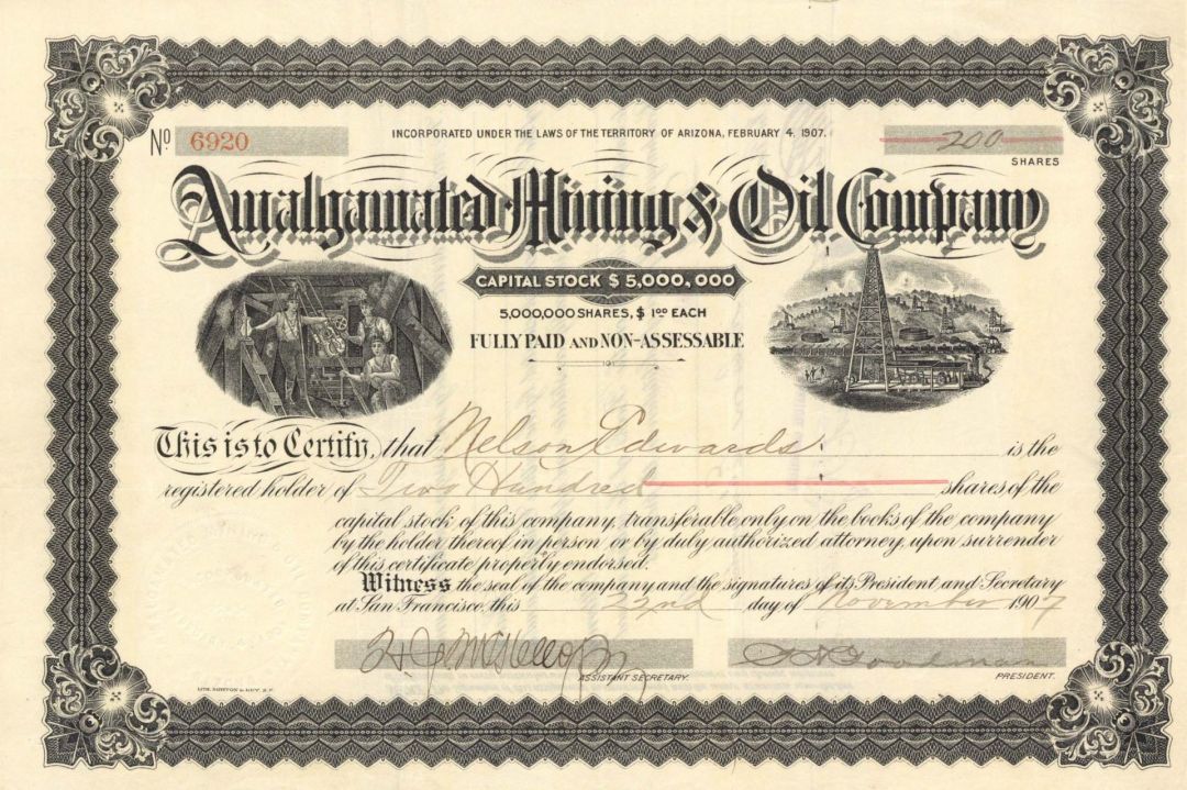 Amalgamated Mining and Oil Co. - 1907 dated Stock Certificate