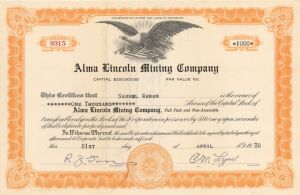 Alma Lincoln Mining Co. - 1938 dated Colorado Mining Stock Certificate