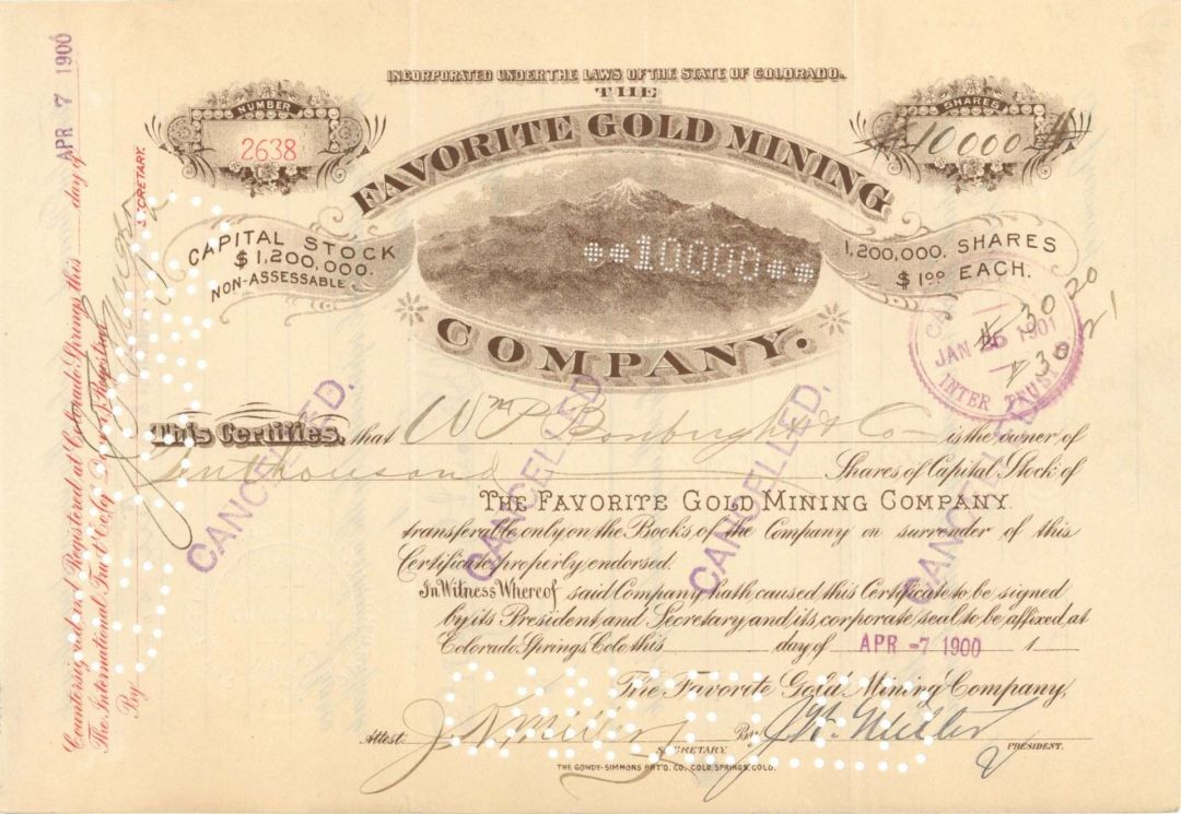 Favorite Gold Mining Co. - 1897-1900 dated Stock Certificate