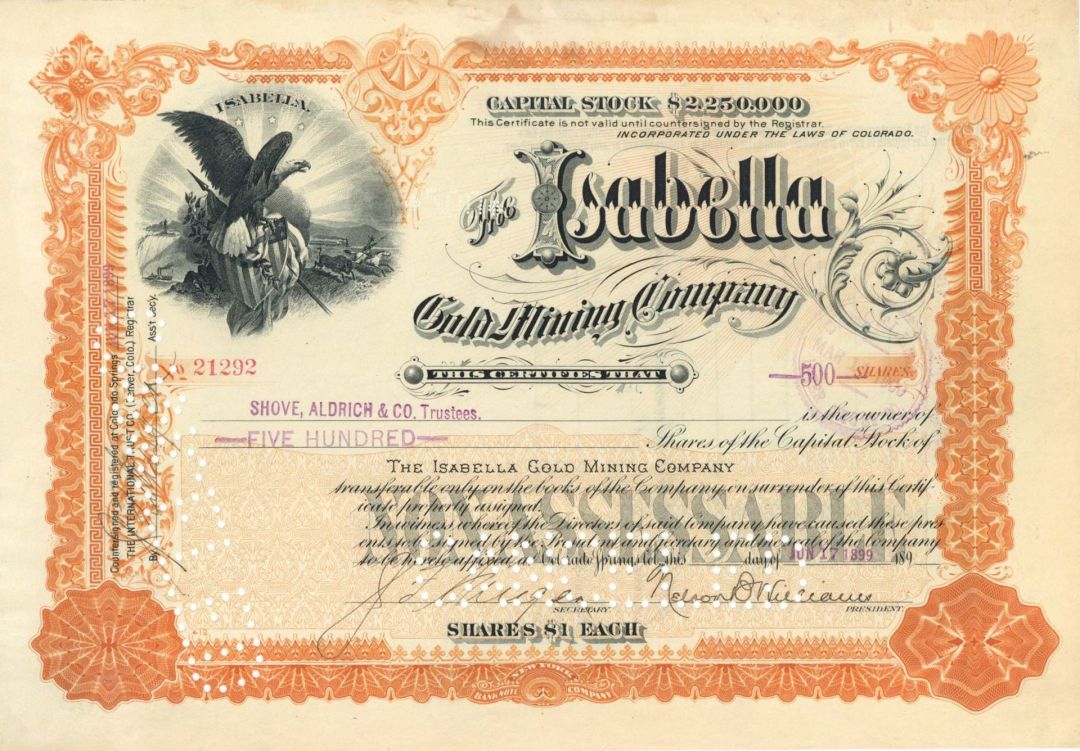 Isabella Gold Mining Co. - 1892-1900 dated Stock Certificate