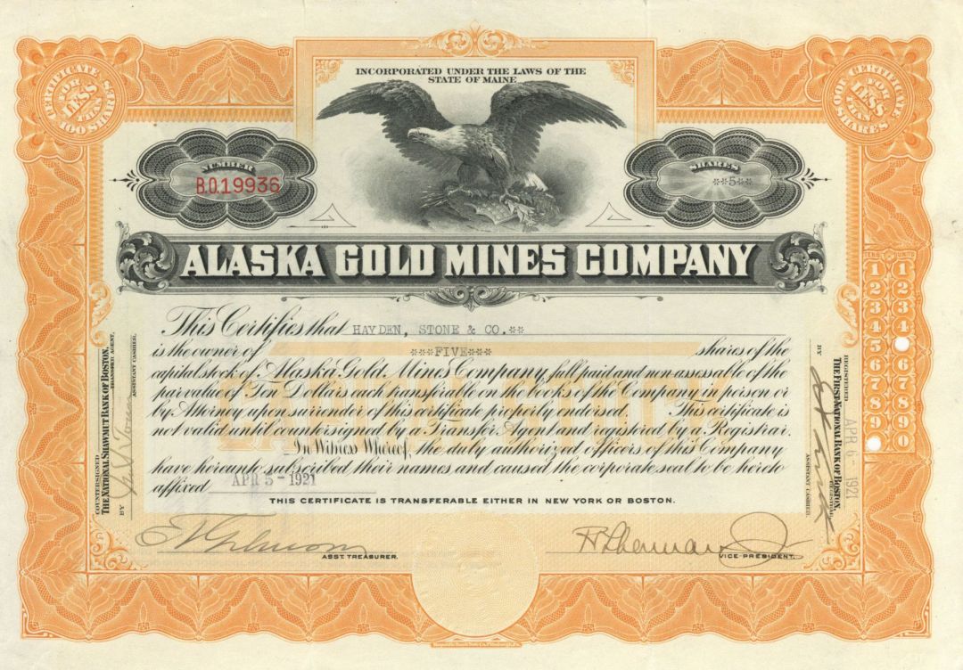Alaska Gold Mines Co. - Stock Certificate