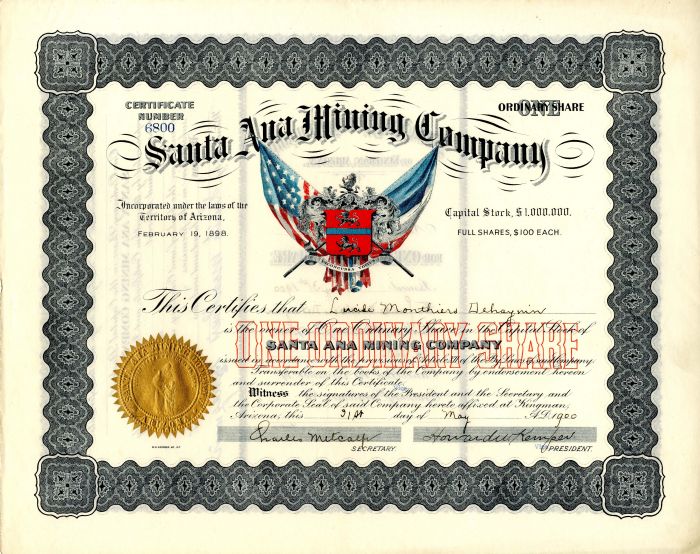 Santa Ana Mining Co. - Stock Certificate