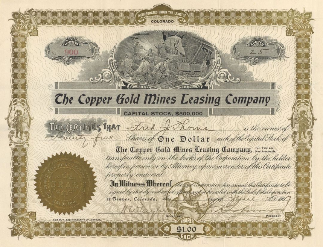 Copper Gold Mines Leasing Co. - 1907 dated Colorado Mining Stock Certificate