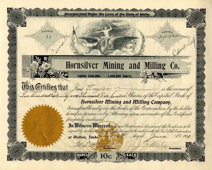 Hornsilver Mining and Milling Co. - Stock Certificate