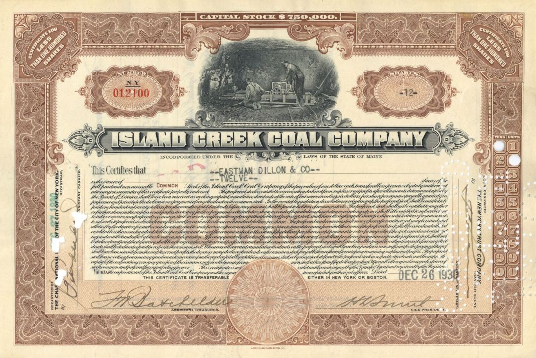 Island Creek Coal Co. - dated 1927-31 West Virginia Mining Stock Certificate
