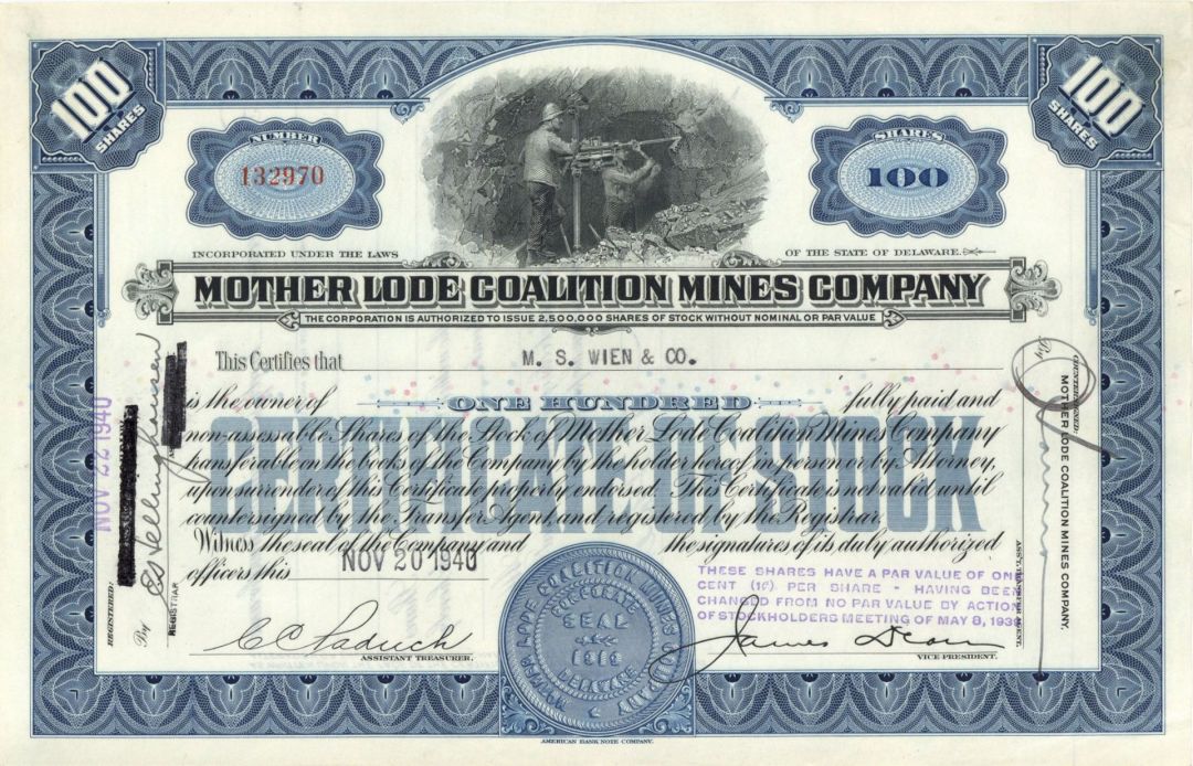 Mother Lode Coalition Mines Co. - 1920's-1940's dated Alaska Mining Stock Certificate