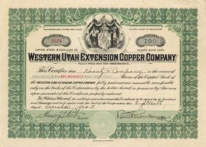 Western Utah Extension Copper Co. - Stock Certificate