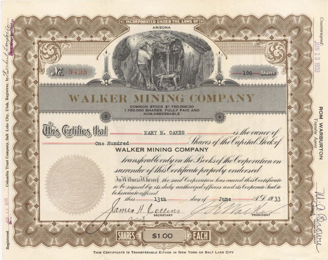 Walker Mining Co. - 1933 dated Arizona Mining Stock Certificate