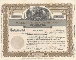 Walker Mining Co. - 1933 dated Arizona Mining Stock Certificate