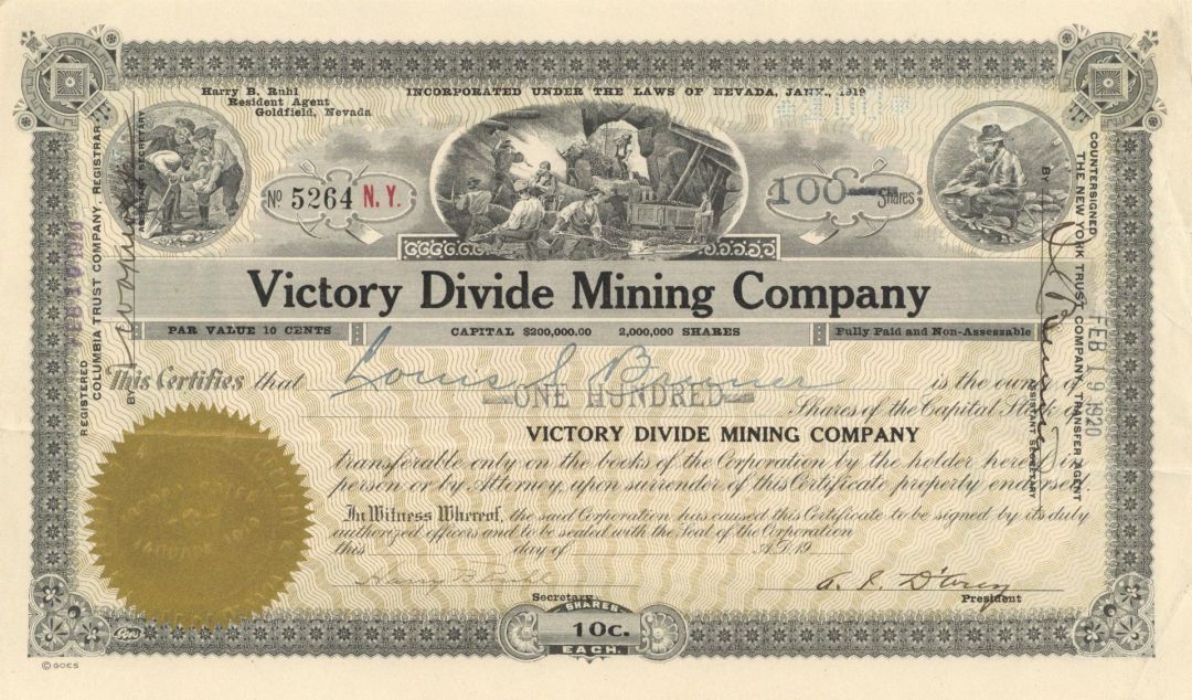 Victory Divide Mining Co. - 1920 dated Nevada Mining Stock Certificate