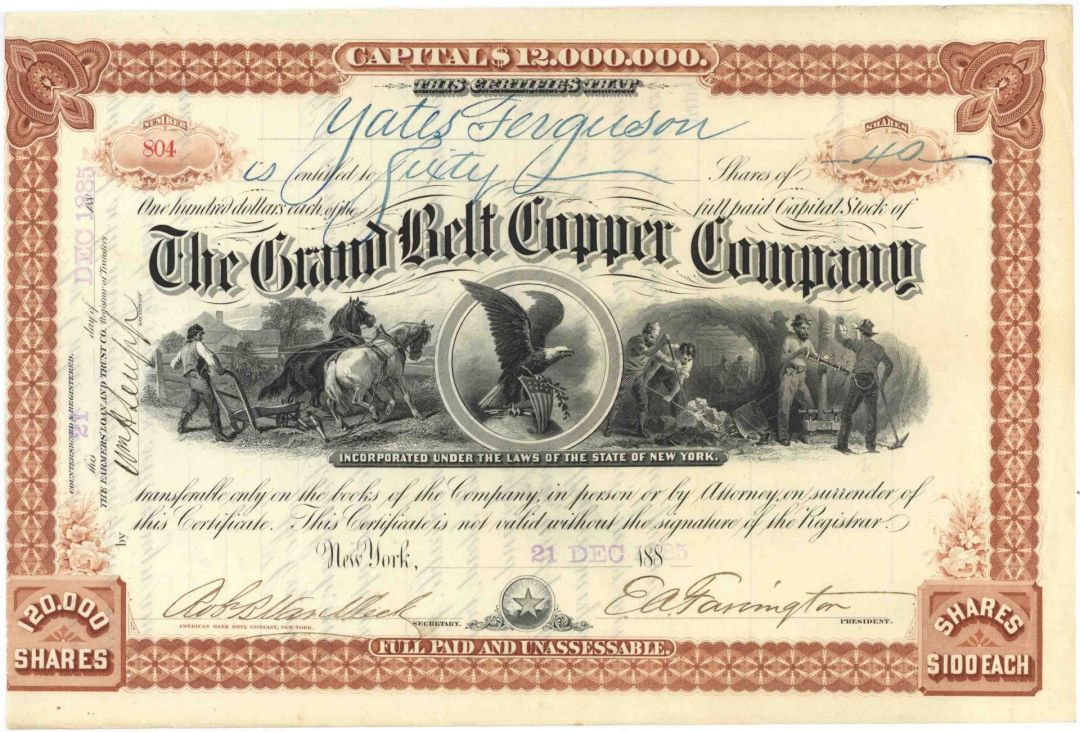 Grand Belt Copper Co. - Triple Vignette Mining Stock Certificate of New York